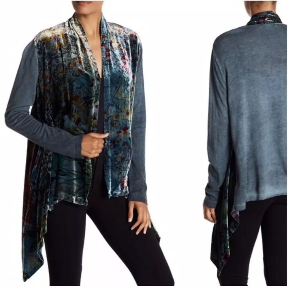 Johnny Was Velvet Velour Drape Blue  Boho Bohemian Sweater XS New‎